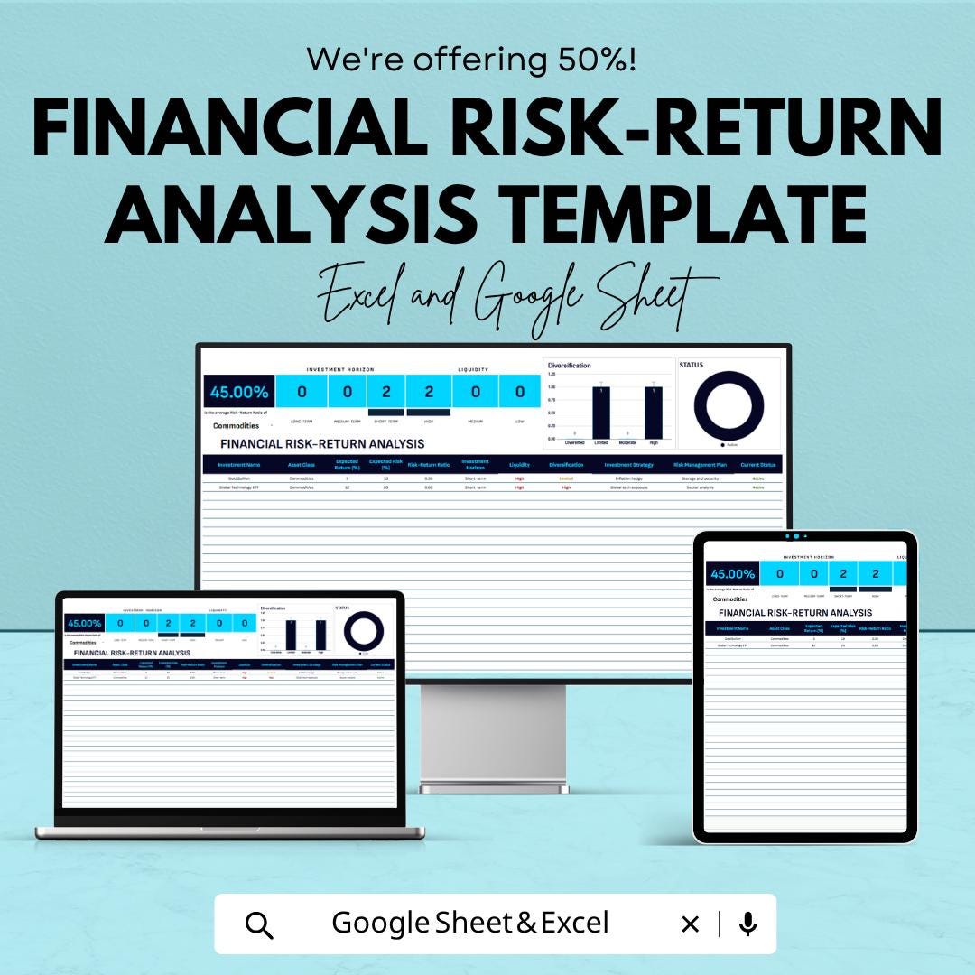 Financial Risk Return Analysis Template | Investment Tracker Spreadsheet | Portfolio Risk Assessment | ROI Analysis Tool