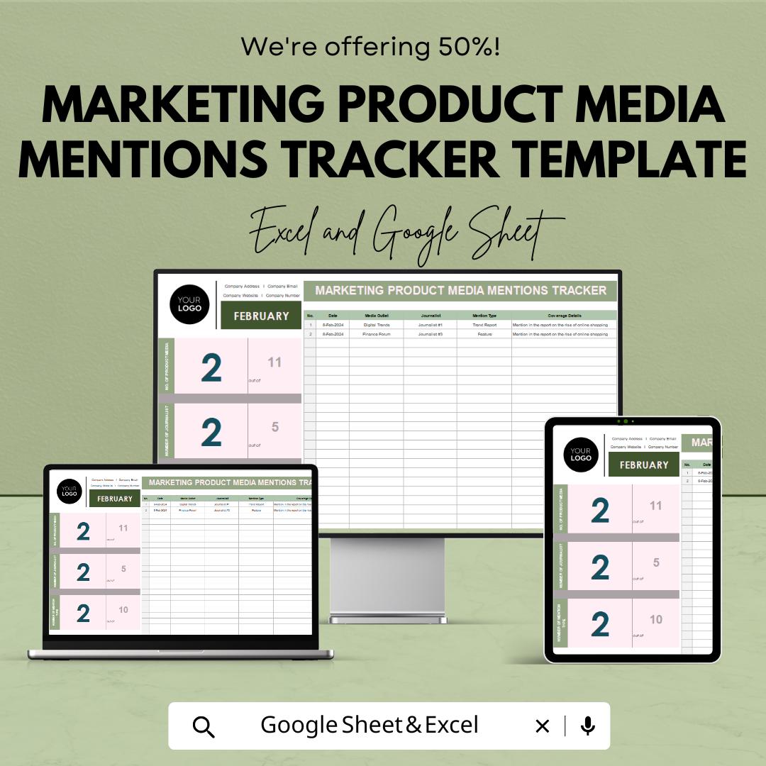 Marketing Product Media Mentions Tracker Template | PR Tracker | Media Monitoring Spreadsheet | Google Sheets & Excel |