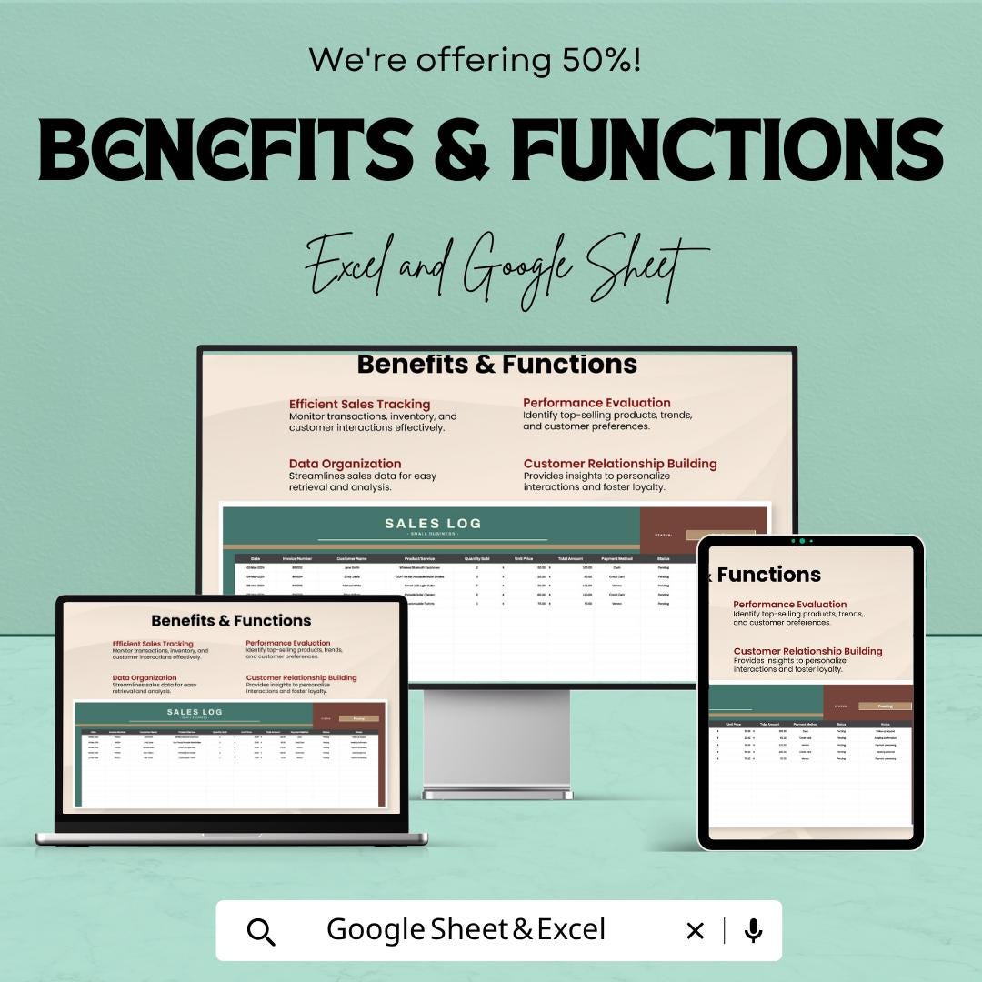 Small Business Sales Log Template Excel | Sales Tracker Spreadsheet Google Sheets | Sales Record Tracker | Revenue Tracking Sheet |