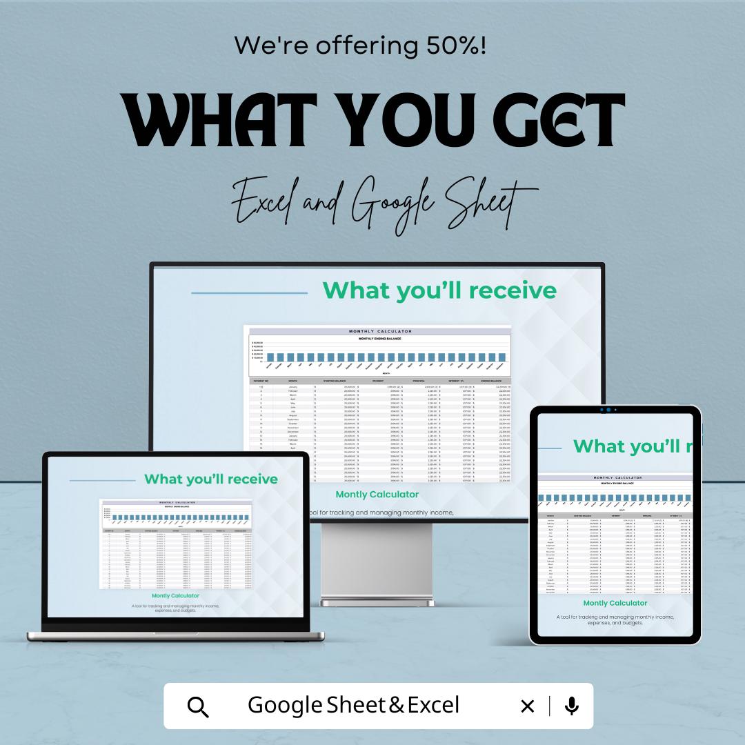 Monthly Calculator Template | Monthly Income Expense Tracker | Financial Dashboard Spreadsheet