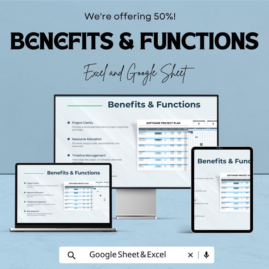 Software Project Plan Template | Project Management Spreadsheet | Gantt Chart Planner | Excel & Google Sheets | Task Tracker Dashboard
