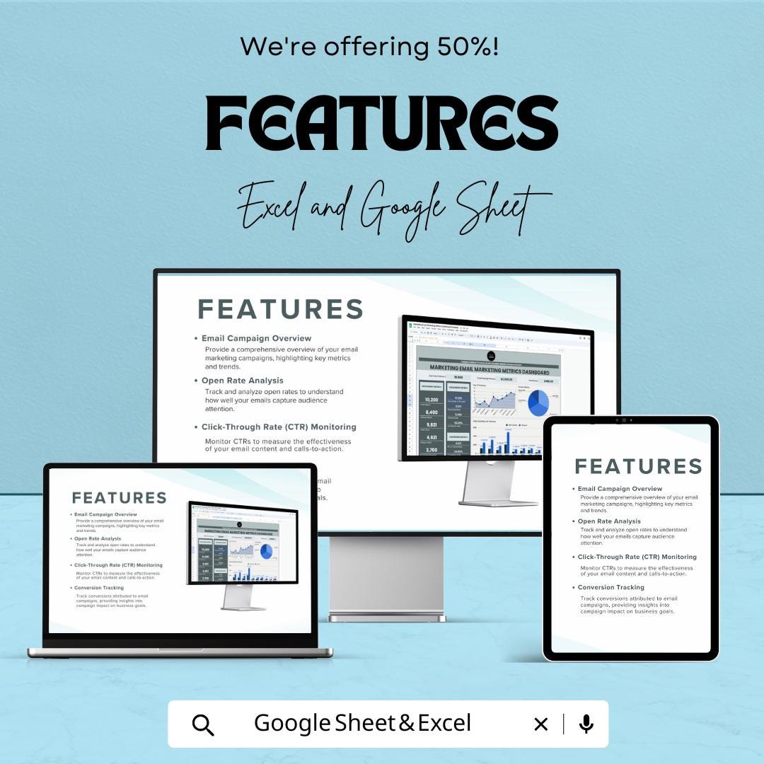 Email Marketing Dashboard Template | Google Sheets and Excel | Campaign Tracker , Open Rate & CTR Analytics, Sales Report