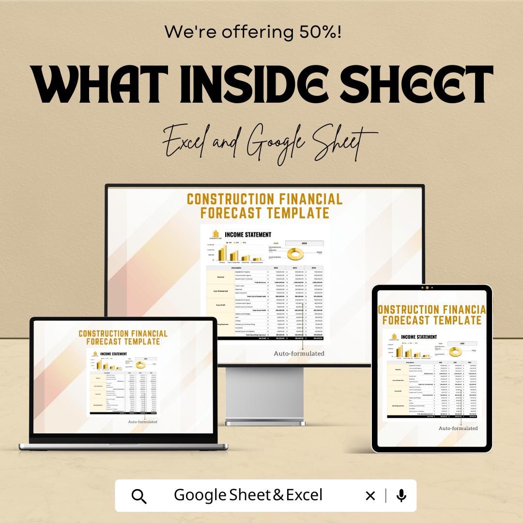 Construction Financial Forecast Template | Income Statement Balance Sheet Cash Flow | Construction Budget and Cost Forecast