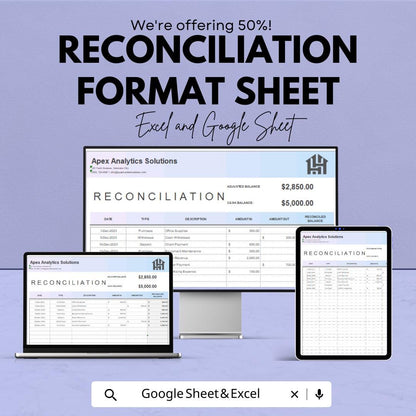 Reconciliation Template – Editable Excel and Google Sheet | Financial Reconciliation & Balance Tracking | Instant Download