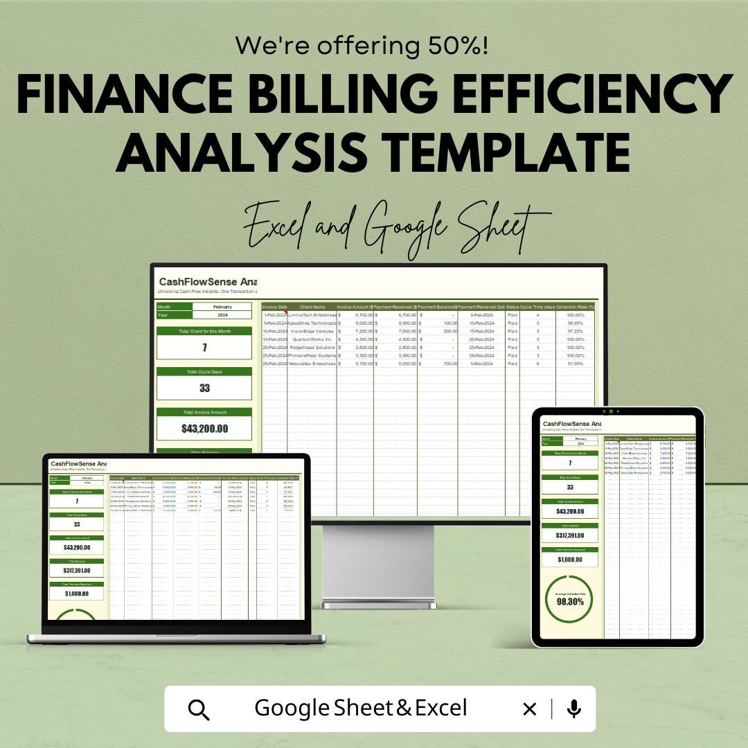 Finance Billing Efficiency Analysis Template | Billing Tracker Spreadsheet | Cash Flow Reporting Sheet | Financial Analysis Tool