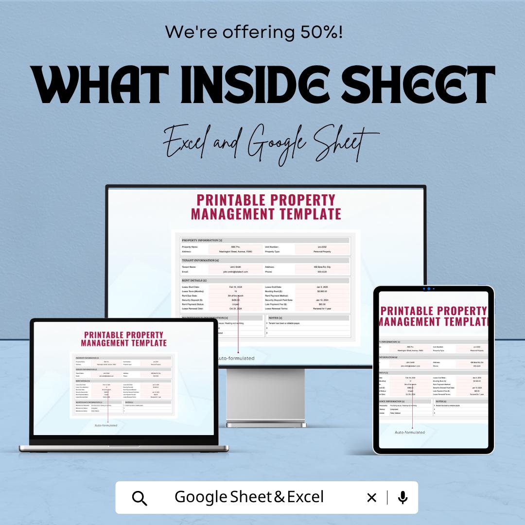 Printable Property Management Template | Rental Property Tracker Spreadsheet | Landlord Management Sheet | Excel & Google Sheets |