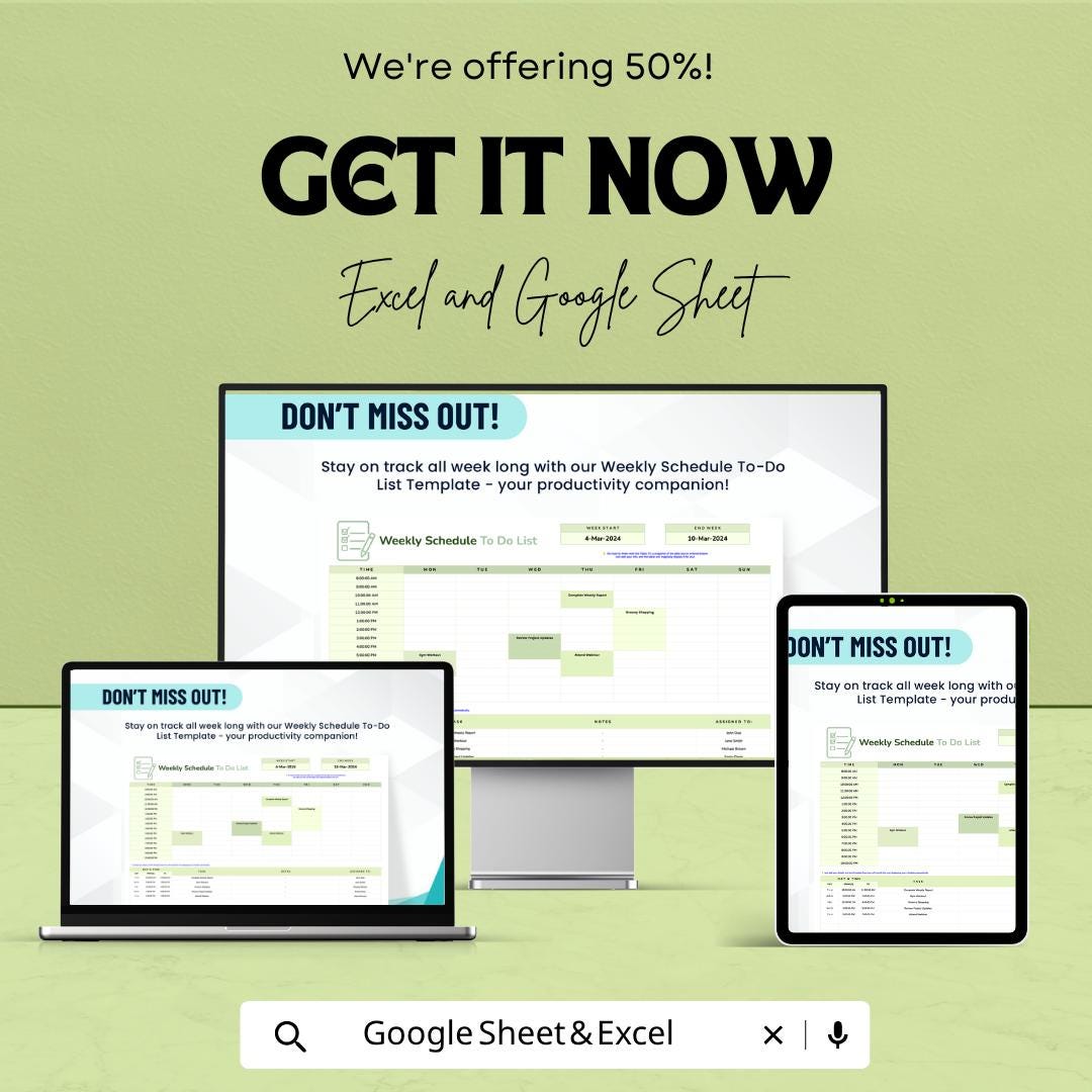 Weekly Schedule To Do List Template | Google Sheets Excel Planner | Weekly Planner Spreadsheet | Productivity Tracker |