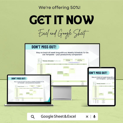 Weekly Schedule To Do List Template | Google Sheets Excel Planner | Weekly Planner Spreadsheet | Productivity Tracker |