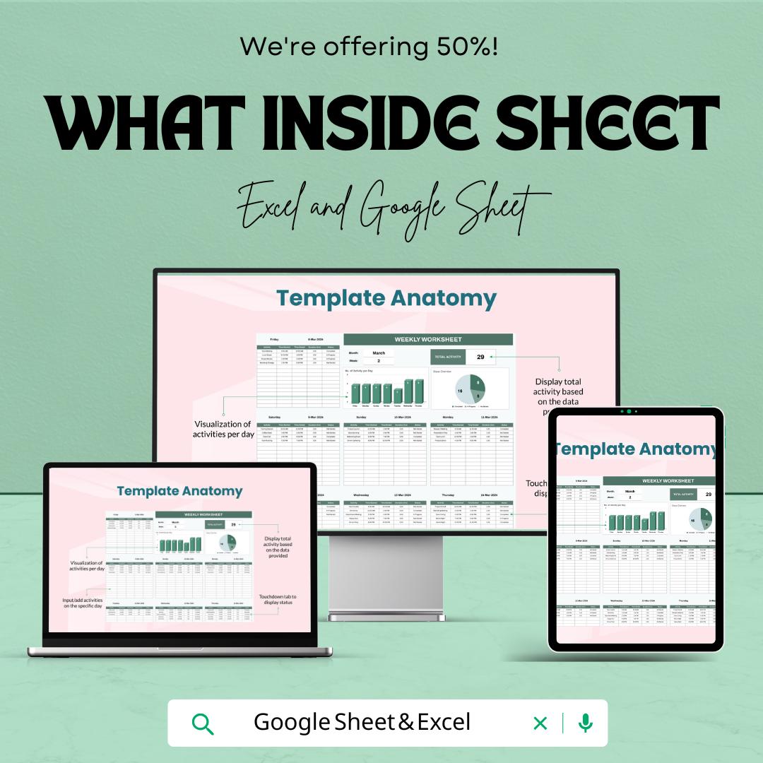 Weekly Worksheet for Excel and Google Sheets | Weekly Activity Planner | Task Tracker and Time Management Template