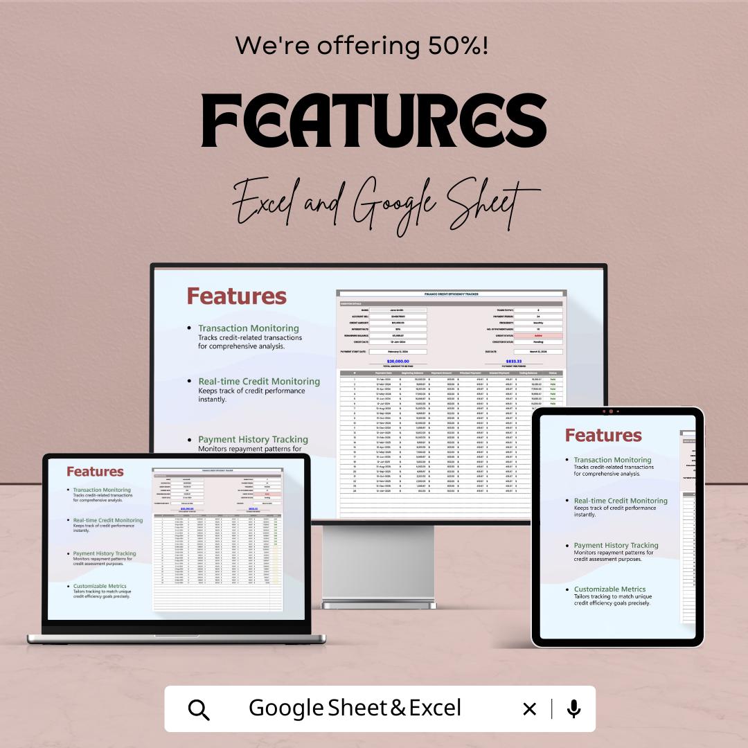 Finance Credit Efficiency Tracker Template | Loan Payment Trackers | Credit Monitoring Spreadsheet | Debt Amortization Schedule