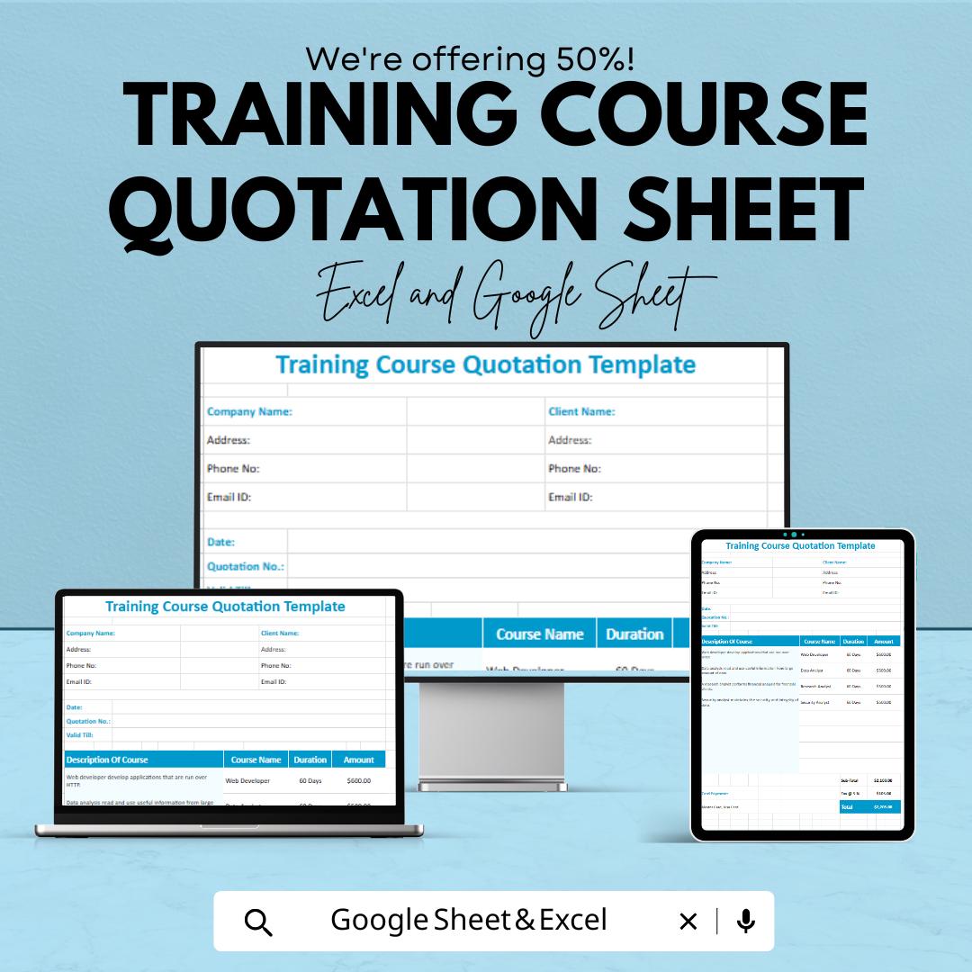 Training Course Quotation Sheet | Customizable Excel & Google Sheet Template | Professional Course Estimate Template | Editable Training
