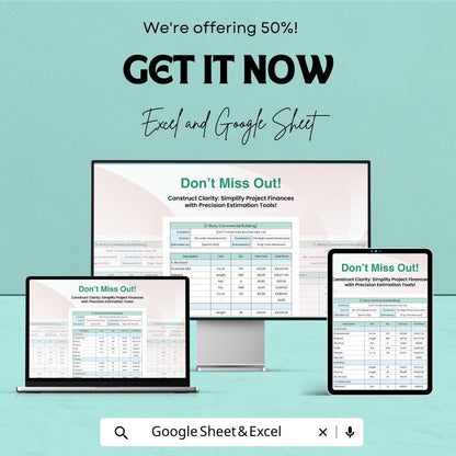 Editable Construction Cost Estimate Sheet - Excel & Google Sheets Template - Cost Calculation, Budget Planner, Construction Expense Tracker