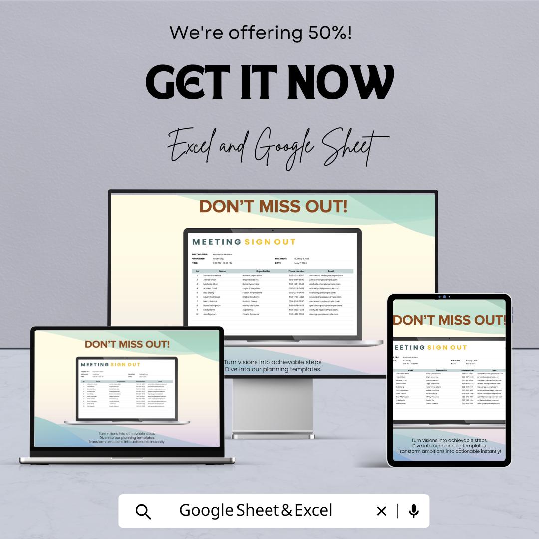 Meeting Sign Out Sheet Template | Attendance Sign Out Log | Printable Meeting Register | Excel and Google Sheets Editable