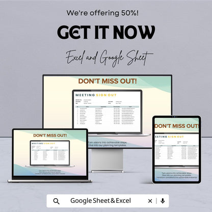 Meeting Sign Out Sheet Template | Attendance Sign Out Log | Printable Meeting Register | Excel and Google Sheets Editable
