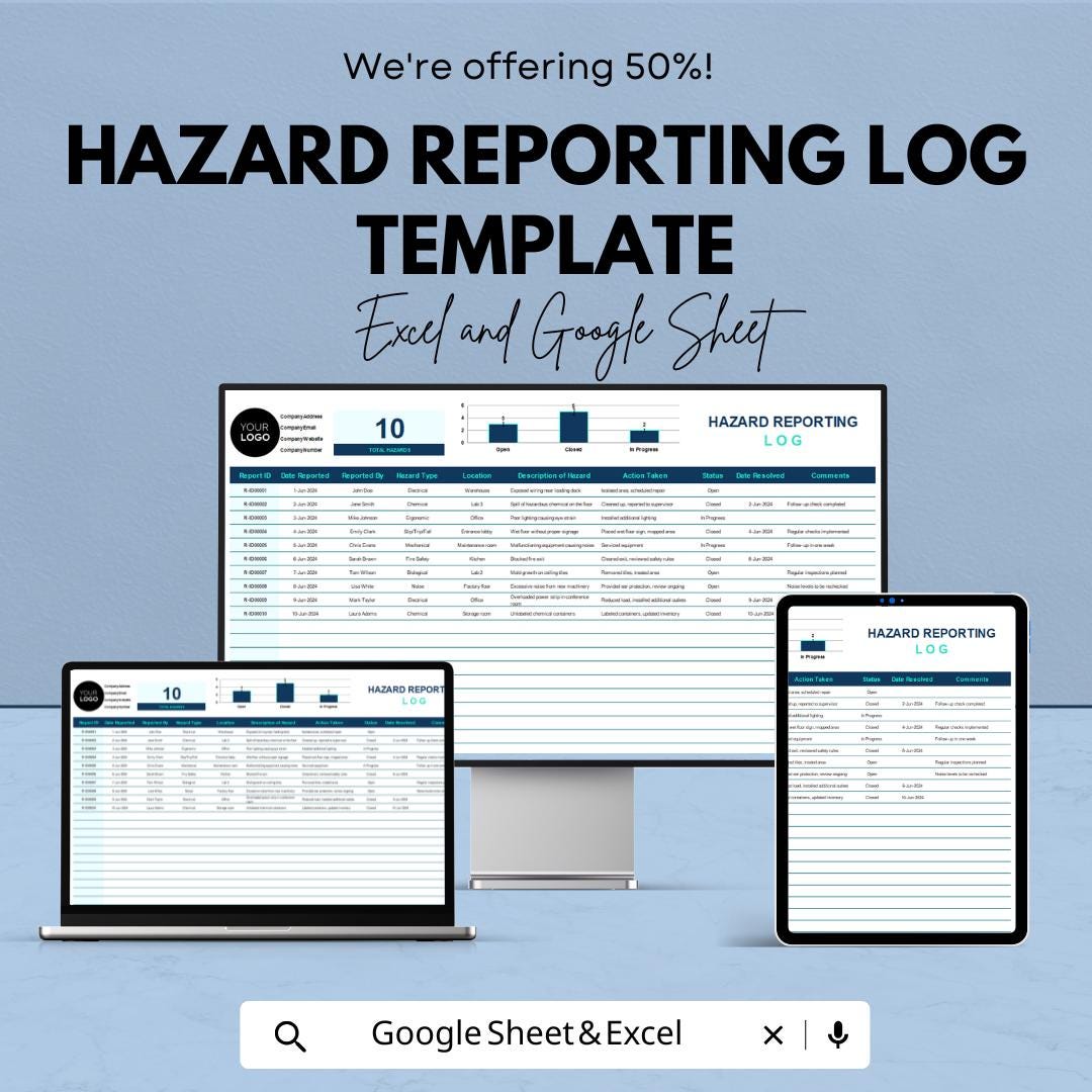 Hazard Reporting Log Template | Excel & Google Sheets | Workplace Safety Log | Incident Reporting Spreadsheet