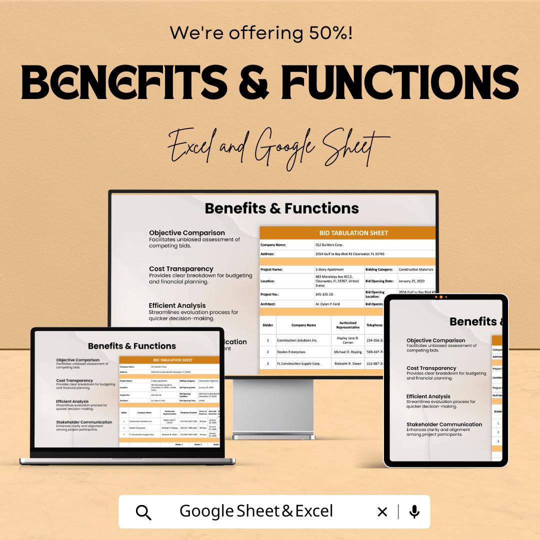 Bid Tabulation Template - Excel & Google Sheets | Vendor Comparison | Project Bid Analysis Tool