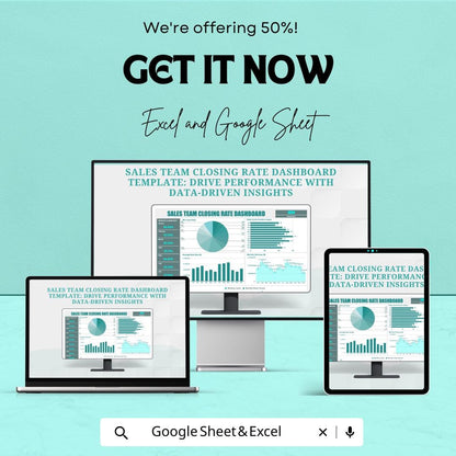 Sales Team Closing Rate Dashboard Sheet | Excel & Google Sheets Template | Monitor Sales Performance, Visual Metrics, and Data Insights