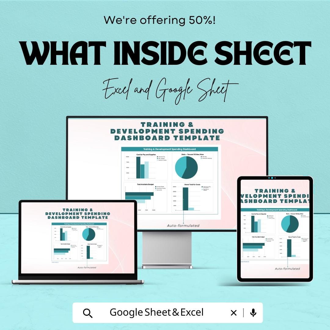 Training & Development Spending Dashboard Sheet | Google Sheets | Track Budget, ROI and Training Costs | Employee Training Management