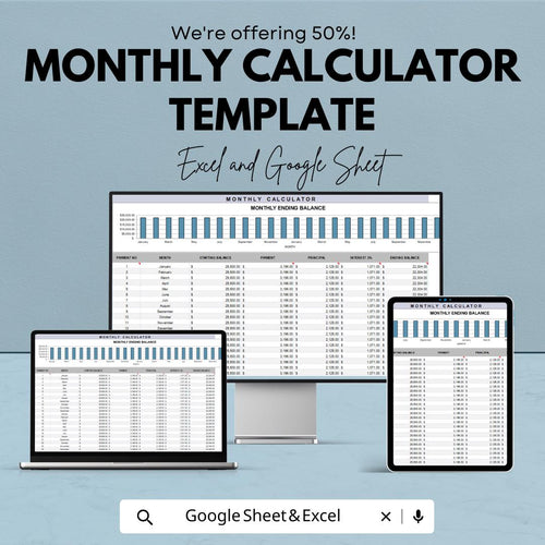 Monthly Calculator Template | Monthly Income Expense Tracker | Financial Dashboard Spreadsheet