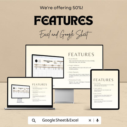 Marketing Event Ticket Sales Tracker Template | Event Ticket Spreadsheet | Ticket Inventory & Revenue Tracker | Event Sales Dashboard