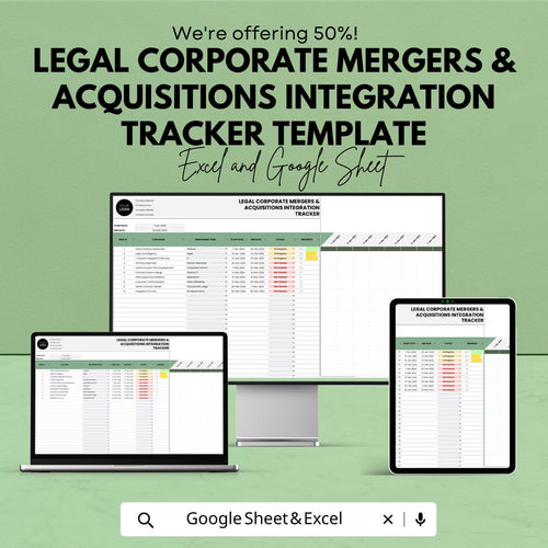 M&A Integration Tracker, Corporate Merger Checklist Template, Acquisition Project Tracker,  Legal Integration Tool