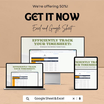 Yearly Real Estate Timesheet Template | Agent Task Tracker | Annual Business Planning Spreadsheet