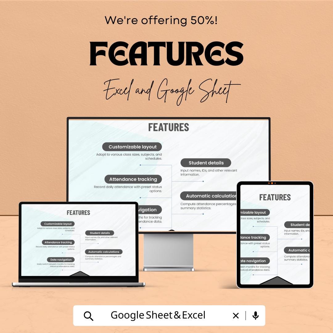Monthly Class Attendance Sheet - Excel & Google Sheet Template for School, Teachers, Attendance Tracker