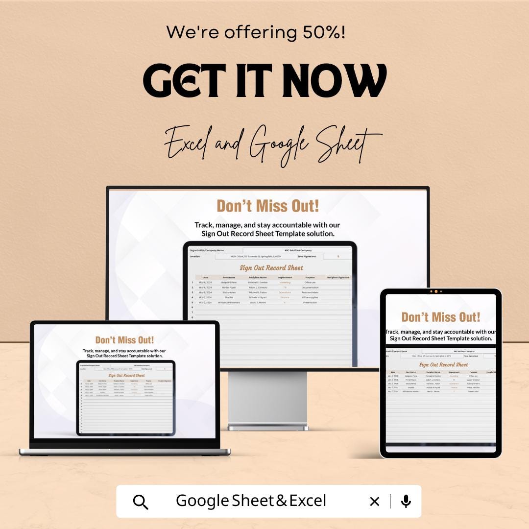 Sign Out Record Sheet | Excel and Google Sheets Template | Employee or Visitor Sign-Out Log | Accountability & Tracking Sheet