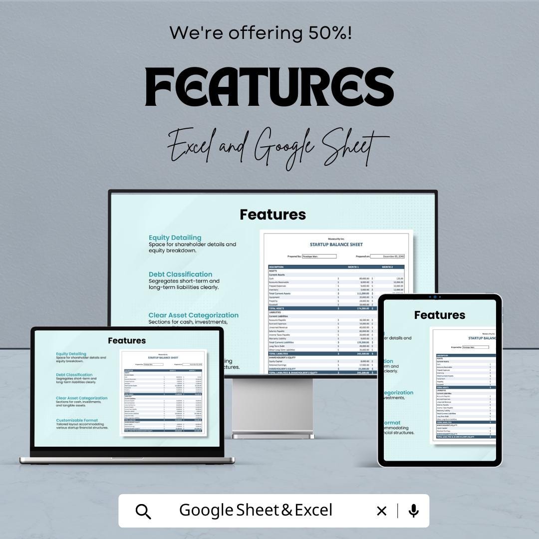 Startup Balance Sheet – Editable Google Sheet & Excel Template | Business Financial Statement | Asset Liability Equity Tracker