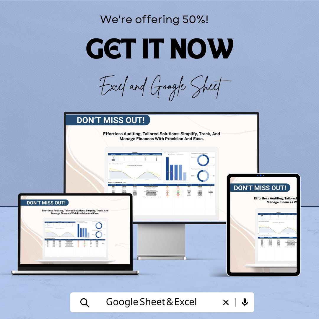 Finance Audit Observation Tracking Template | Audit Log Tracker | Financial Audit Dashboard | Audit Management Spreadsheet