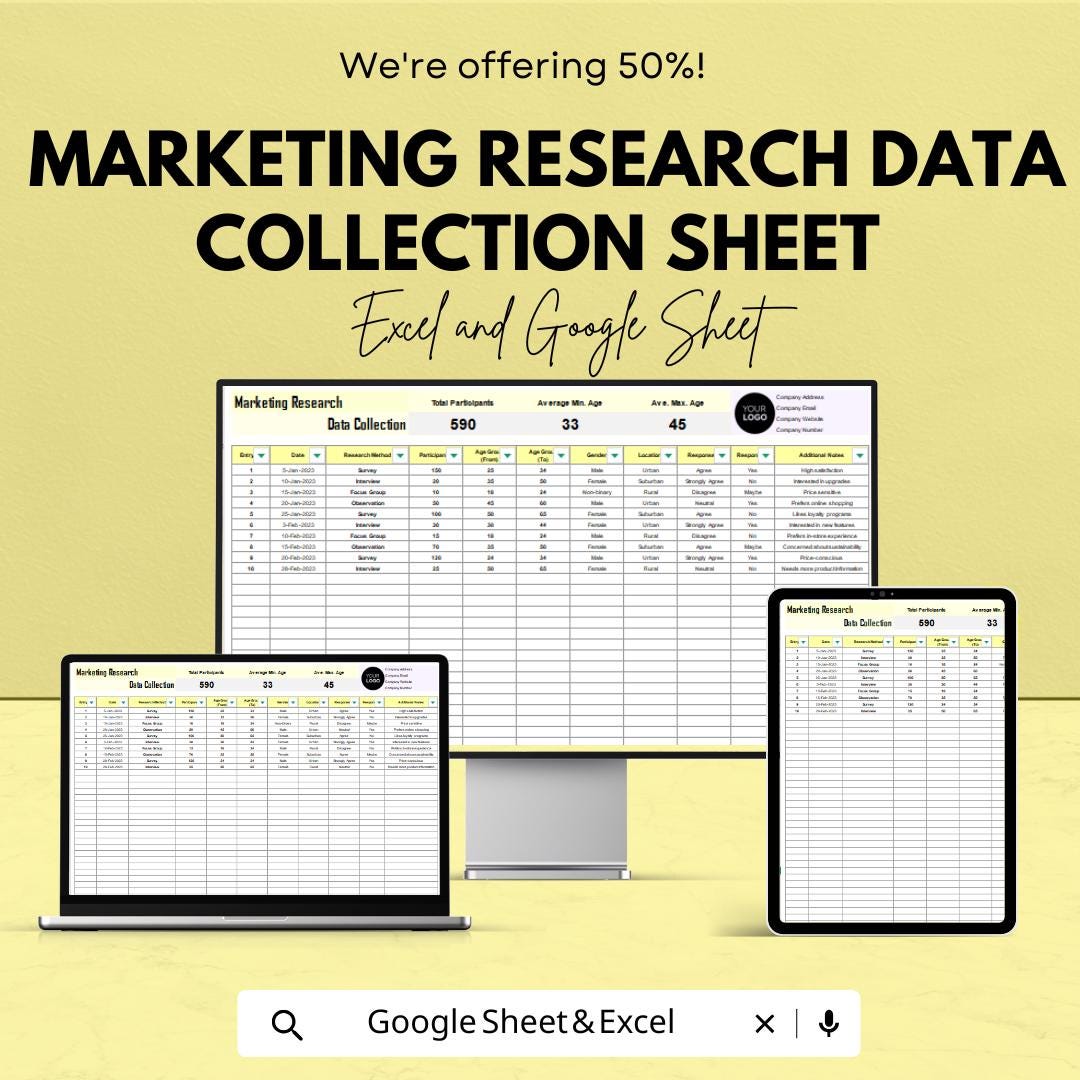Marketing Research Data Collection Sheet | Google Sheets Template | Track Participants, Data, and Results | Easy Data Entry and Analysis