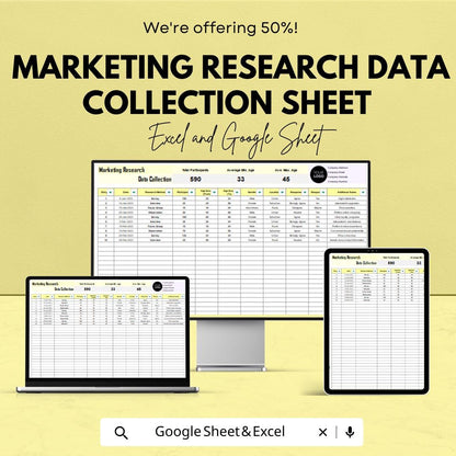 Marketing Research Data Collection Sheet | Google Sheets Template | Track Participants, Data, and Results | Easy Data Entry and Analysis