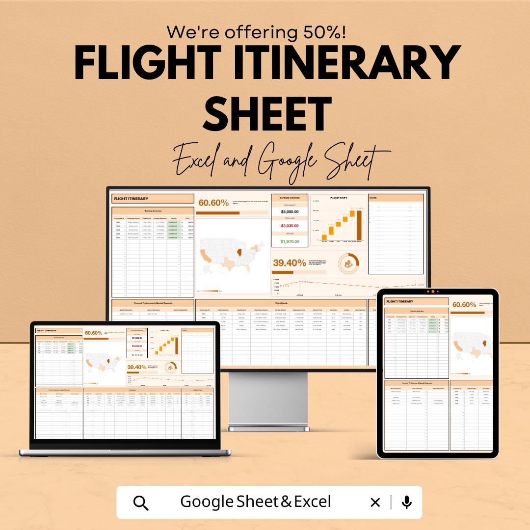Flight Itinerary Sheet for Travel Planning - Google Sheet Template - Personalized and Easy to Use - Flight Schedule & Travel Details Tracker