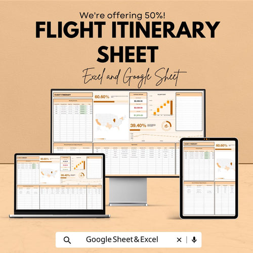 Flight Itinerary Sheet for Travel Planning - Google Sheet Template - Personalized and Easy to Use - Flight Schedule & Travel Details Tracker