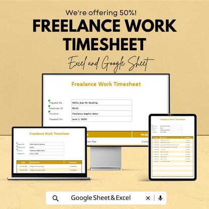 Freelance Work Timesheet Template - Excel and Google Sheet | Track Your Hours & Tasks | Time Management for Freelancers