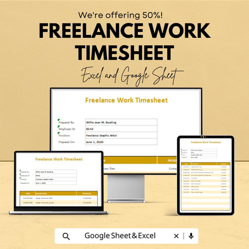 Freelance Work Timesheet Template - Excel and Google Sheet | Track Your Hours & Tasks | Time Management for Freelancers