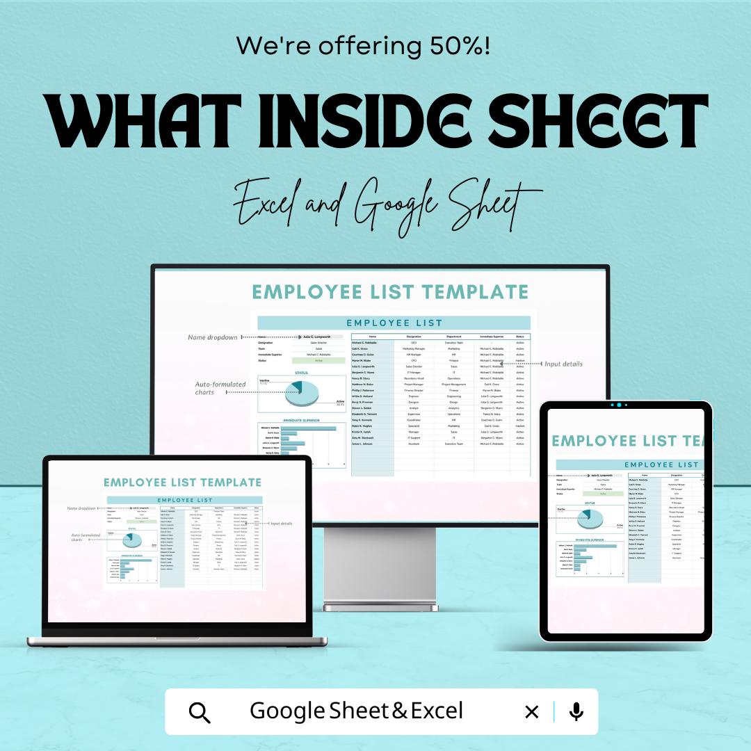 Employee List Template - Excel & Google Sheet, Employee Directory, Workforce Tracker, Customizable HR Tool