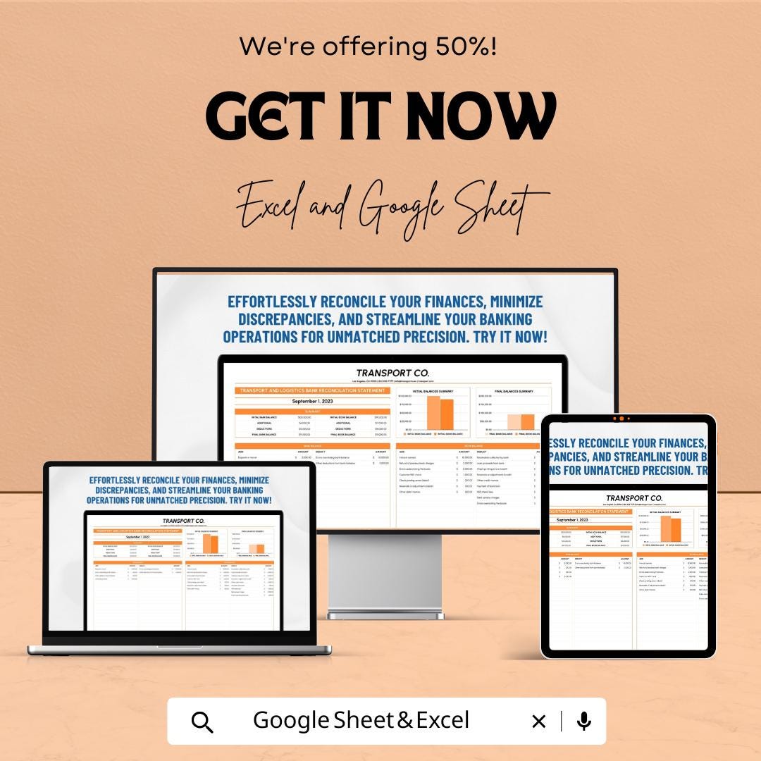 Transport and Logistics Bank Reconciliation Statement | Excel and Google Sheet Template | Financial Tracker | Digital Download