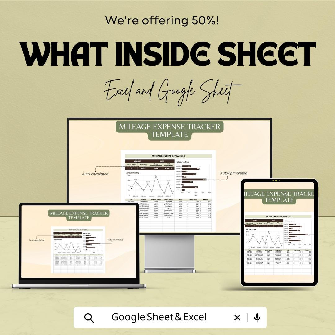 Mileage Expense Tracker Sheet | Google Sheet | Track Travel Mileage & Expenses | Automated Reimbursement Tracker | Mileage Log Template