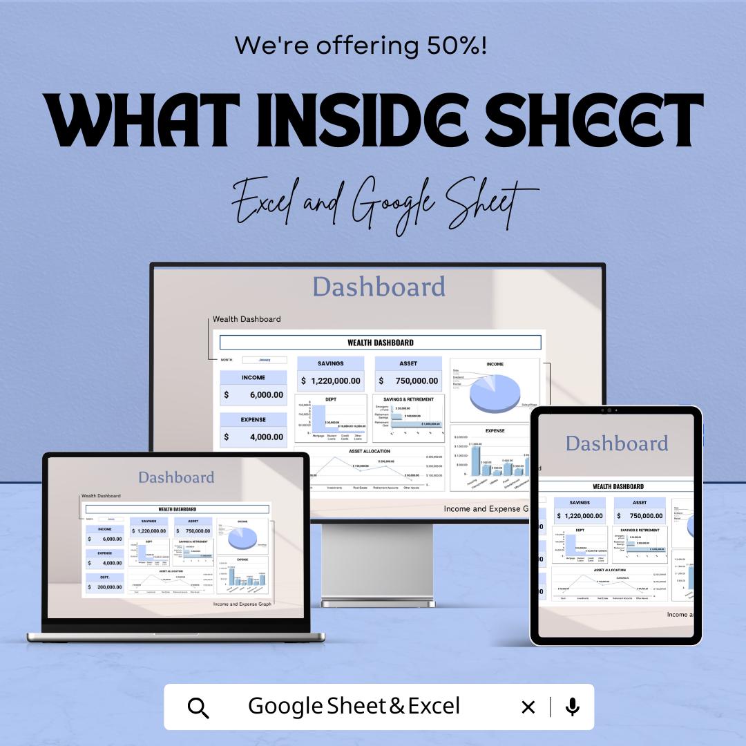 Wealth Dashboard Excel & Google Sheet | Finance Tracker | Budget Planner | Income Expense Tracker | Digital Spreadsheet