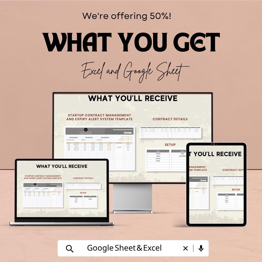Startup Contract Management Template | Contract Tracker Spreadsheet | Expiry Alert System | Contract Management System |