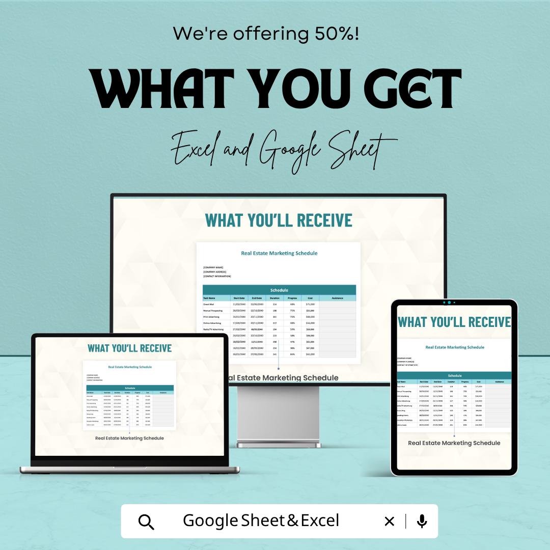 Real Estate Marketing Schedule Template | Realtor Marketing Planner | Property Listing Tracker | Campaign Planner Sheet