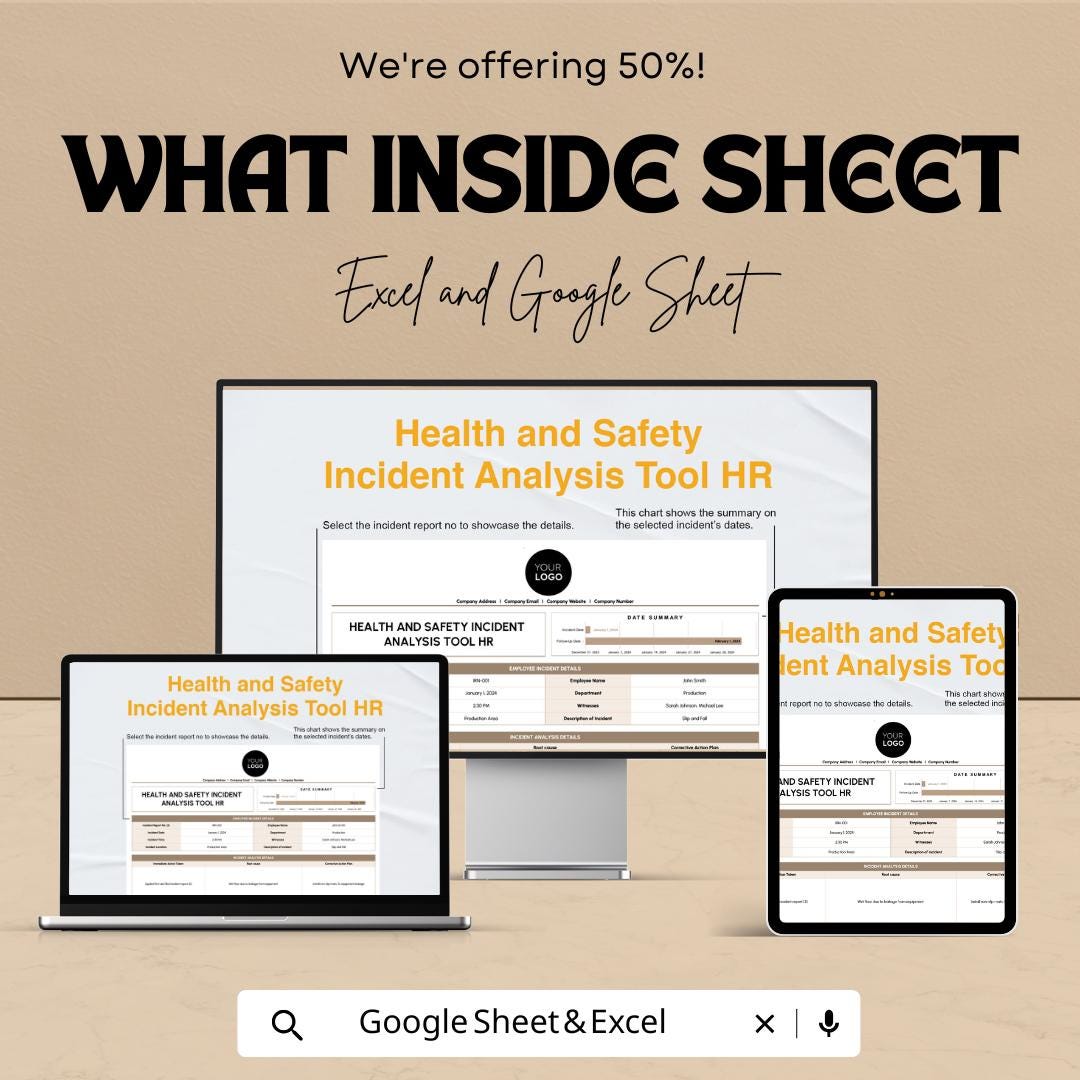 Health and Safety Incident Analysis Tool HR Template | Workplace Incident Report Tracker | Excel & Google Sheets