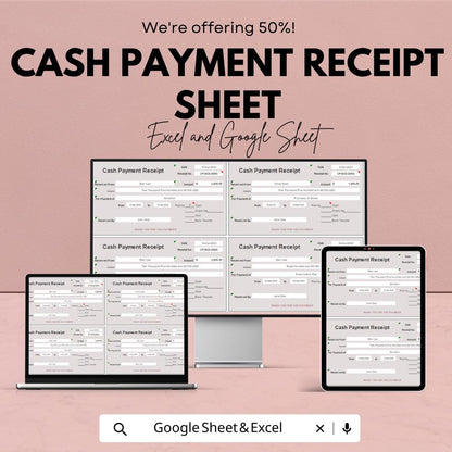 Cash Payment Receipt Template – Excel & Google Sheet – Financial Documentation, Proof of Payment, Transaction Record – Editable Template