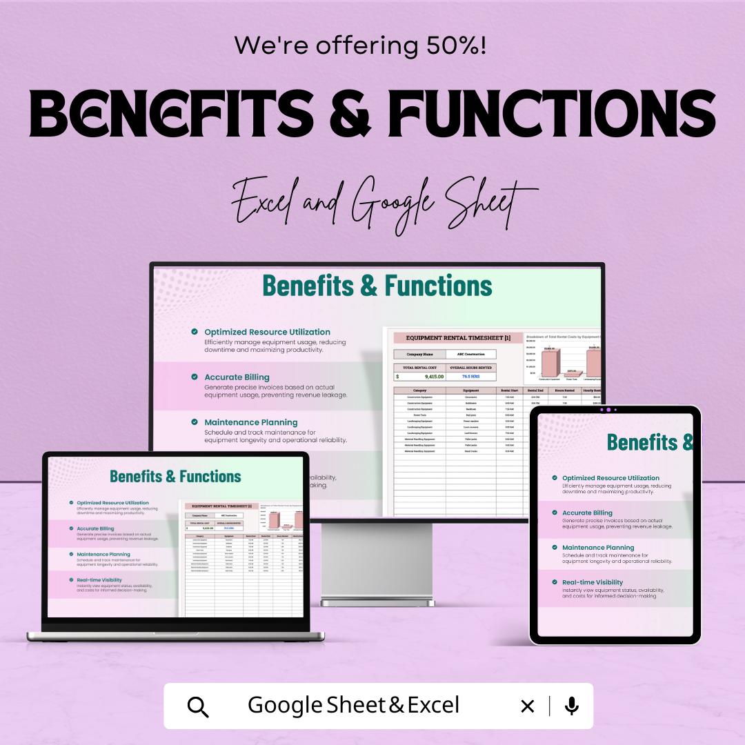 Equipment Rental Timesheet | Excel & Google Sheet for Tracking Equipment Usage, Costs, and Maintenance