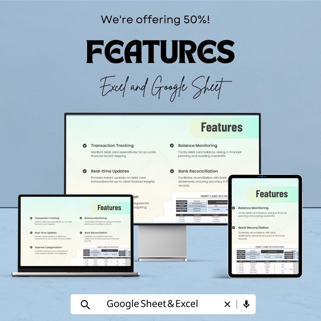 Debit Card Accounting Template | Excel & Google Sheets | Debit Tracking Sheet | Expense Tracker | Budget Template | Finance Tracker
