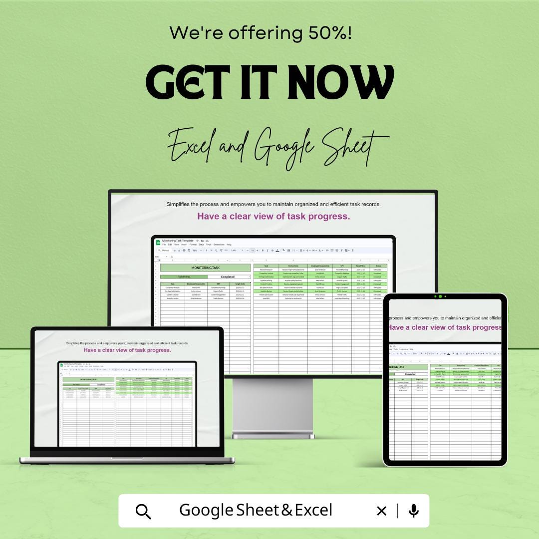 Monitoring Task Sheet Excel & Google Sheets | Task Tracker Template for Status, KPIs, and Goal Progress