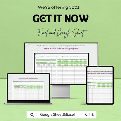 Monitoring Task Sheet Excel & Google Sheets | Task Tracker Template for Status, KPIs, and Goal Progress