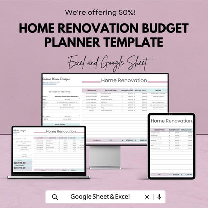 Home Renovation Budget Planner | Renovation Cost Tracker | Home Remodel Budget Spreadsheet | Construction Budget Planner