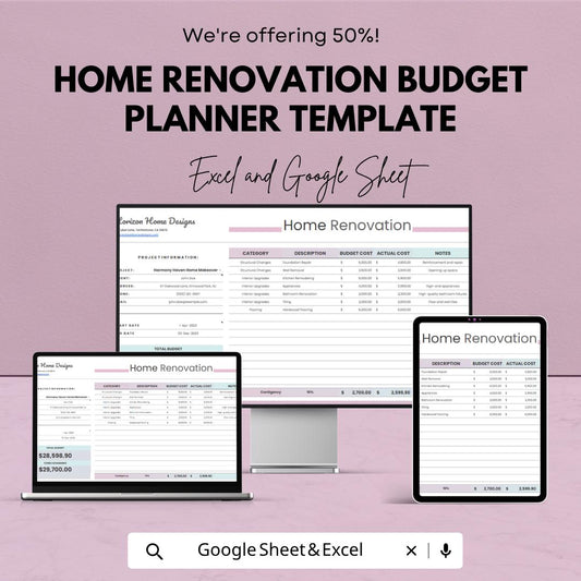 Home Renovation Budget Planner | Renovation Cost Tracker | Home Remodel Budget Spreadsheet | Construction Budget Planner